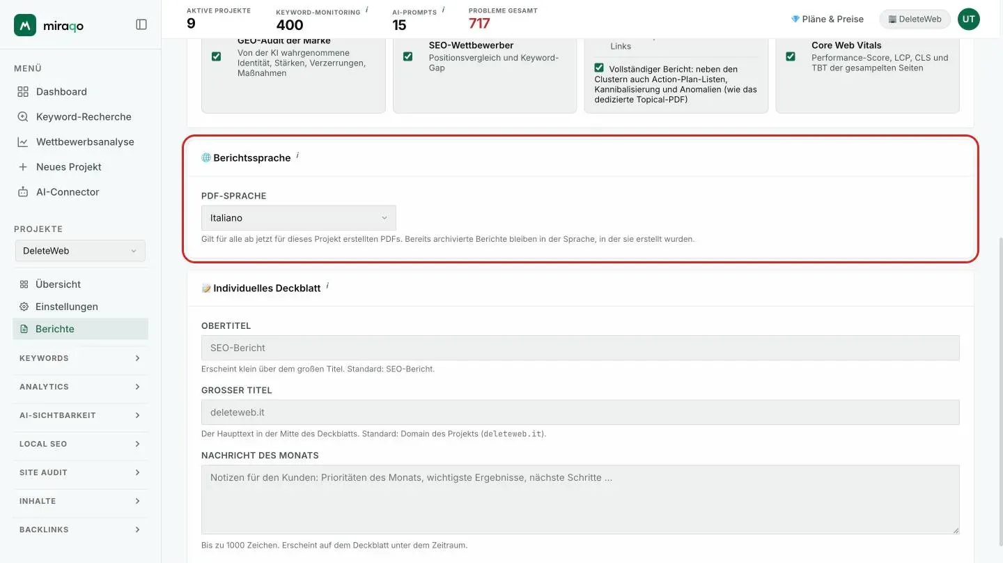 Die Karten Sprache des Berichts, mit dem Menü PDF-Sprache, und Individuelles Deckblatt mit Übertitel, Großem Titel und Monatlicher Nachricht; unten Konfiguration speichern