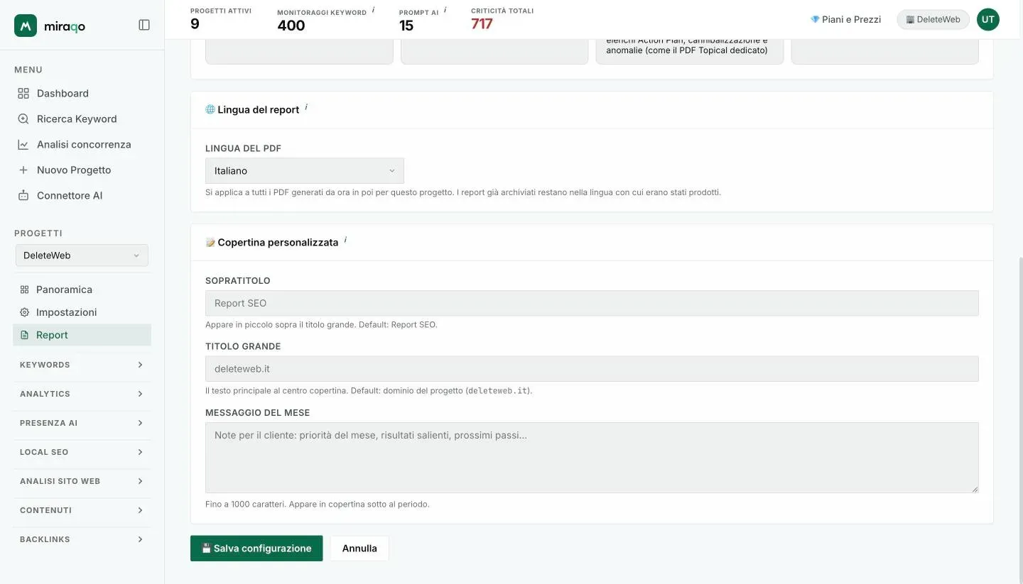 Le card Lingua del report, con il menu Lingua del PDF, e Copertina personalizzata con Sopratitolo, Titolo grande e Messaggio del mese; in fondo Salva configurazione