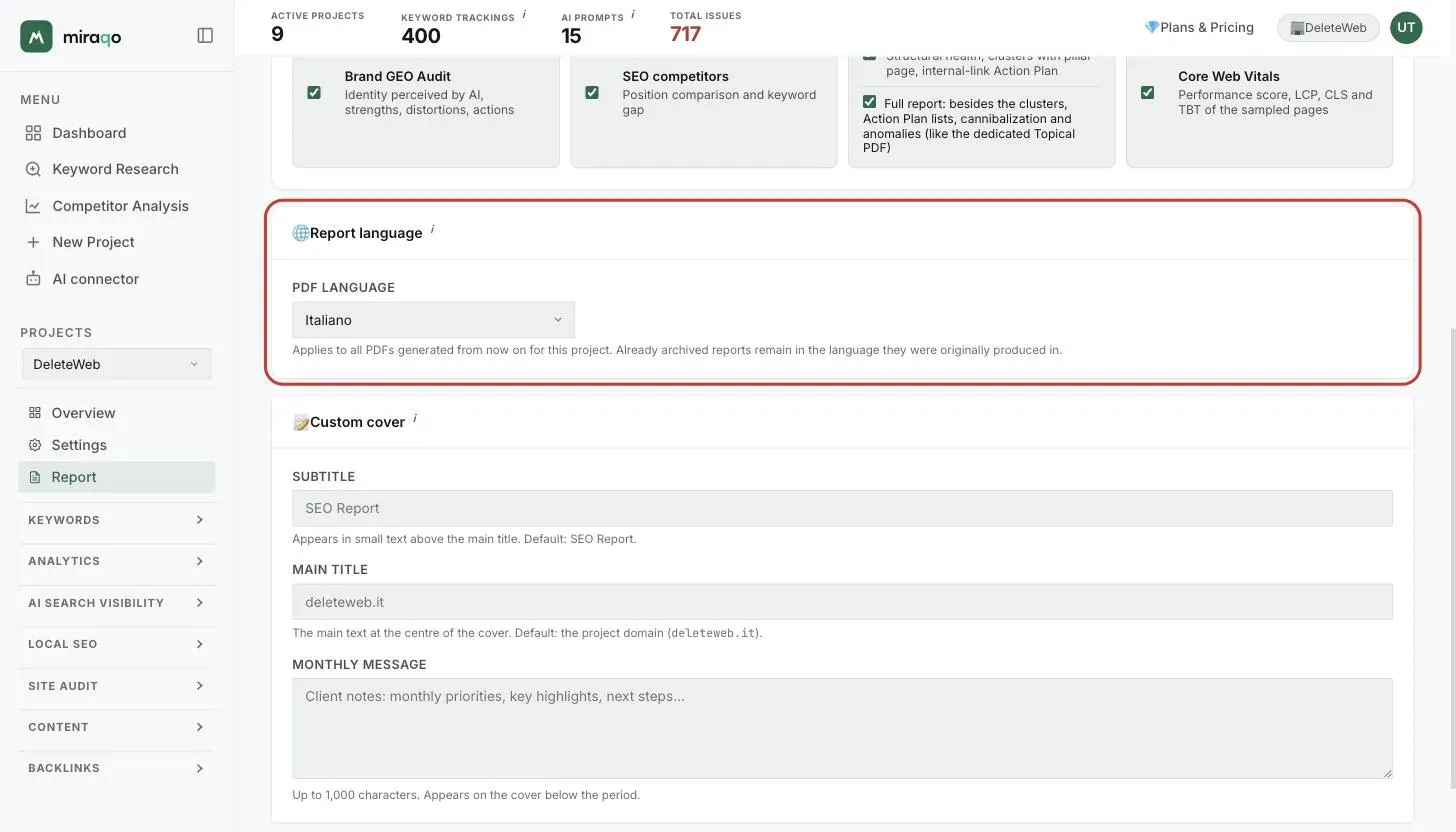 The Report Language card, with the PDF Language menu, and Custom Cover with Eyebrow, Large title and Monthly message; at the bottom, Save configuration