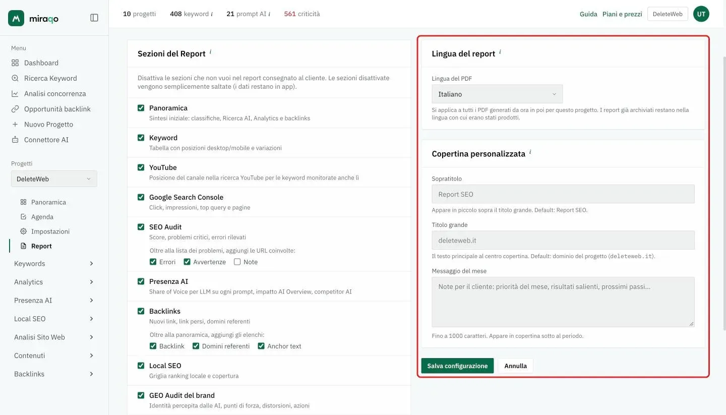 Evidenziate a destra le card Lingua del report, con il menu Lingua del PDF, e Copertina personalizzata con Sopratitolo, Titolo grande e Messaggio del mese, e sotto Salva configurazione; a sinistra le Sezioni del Report
