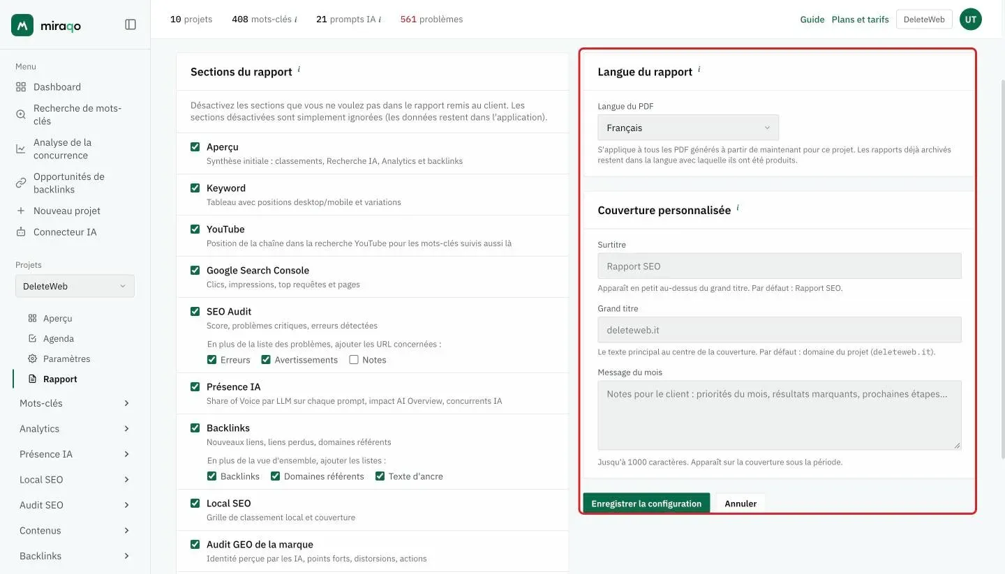 Mises en évidence à droite, la carte Langue du rapport, avec le menu Langue du PDF, et Couverture personnalisée avec Surtitre, Grand titre et Message du mois, et dessous Enregistrer la configuration ; à gauche les Sections du rapport