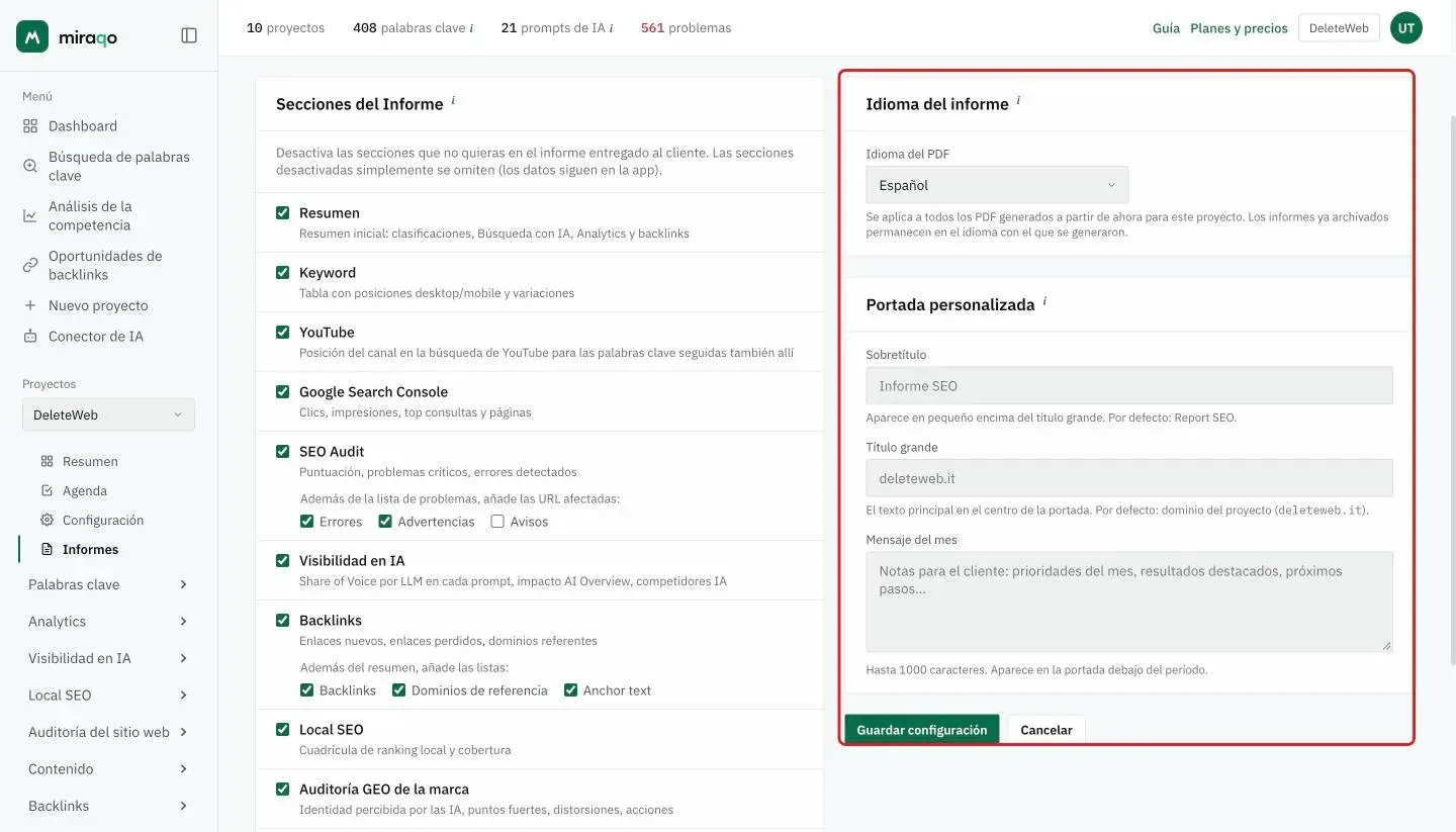 Resaltadas a la derecha, la tarjeta Idioma del informe, con el menú Idioma del PDF, y Portada personalizada con Sobretítulo, Título grande y Mensaje del mes, y debajo Guardar configuración; a la izquierda las Secciones del informe