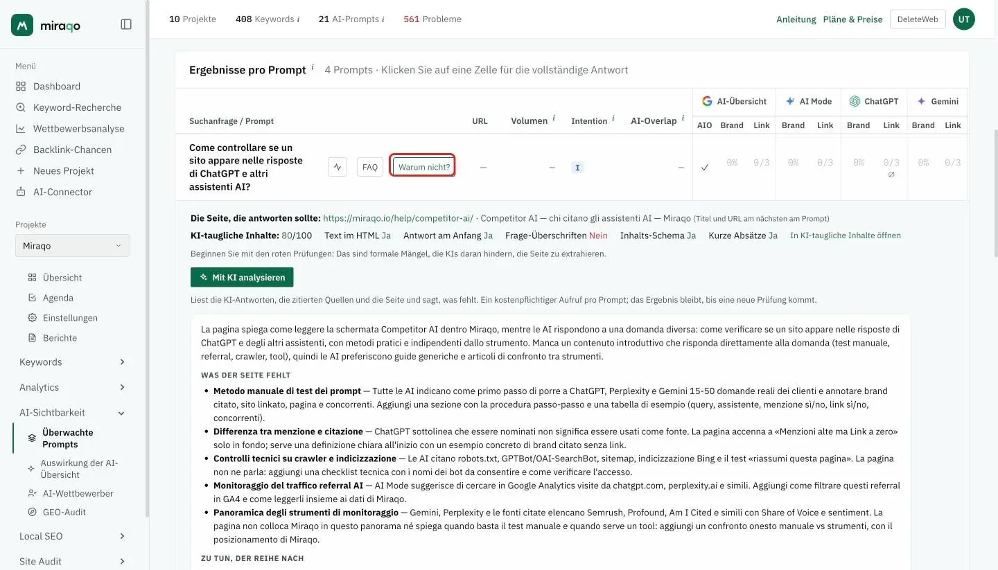 Der hervorgehobene Button Warum nicht? unter einem nicht zitierten Prompt und darunter die Zeile mit der Seite, die antworten sollte, den fünf Prüfungen KI-taugliche Inhalte und dem Button Mit KI analysieren