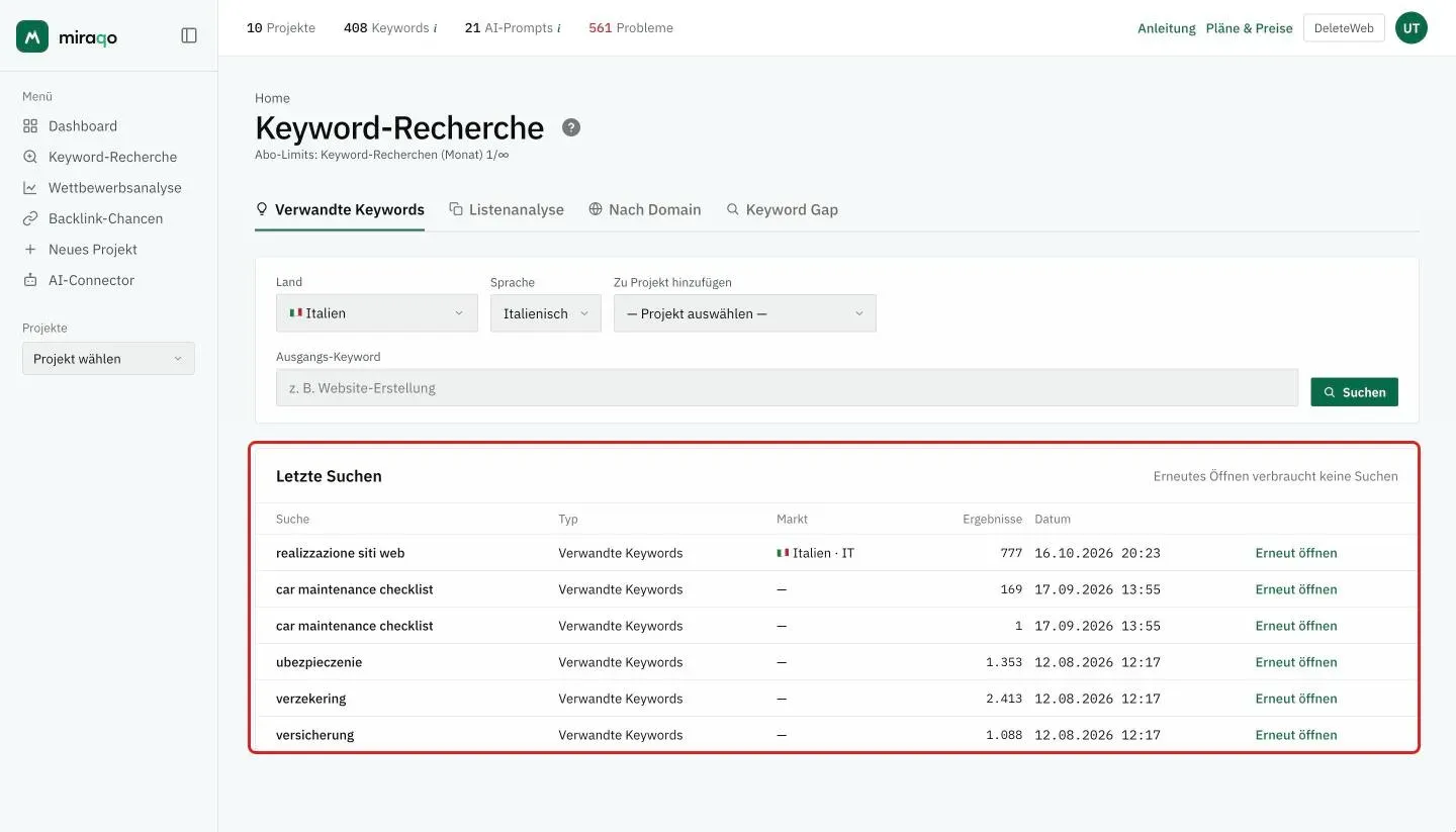 Die hervorgehobene Karte Letzte Suchen unter dem Feld Ausgangs-Keyword: für jede Suche die Keyword, der Modus Verwandte Keywords, der Markt, die Anzahl der Ergebnisse, das Datum und der Button Erneut öffnen; oben rechts der Hinweis Erneutes Öffnen verbraucht keine Suchen