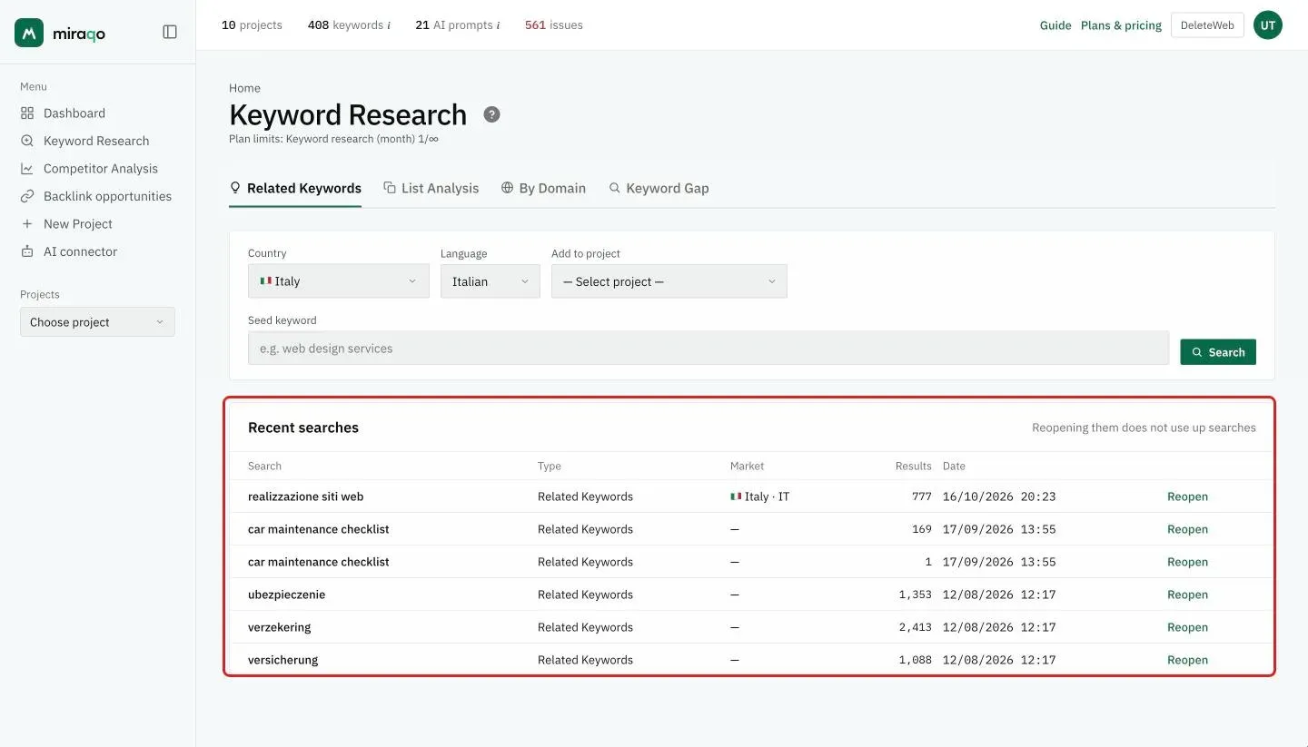 The Recent searches card, highlighted below the Seed keyword field: for each search the keyword, the Related Keywords mode, the market, the number of results, the date and the Reopen button; top right the note Reopening them does not use up searches