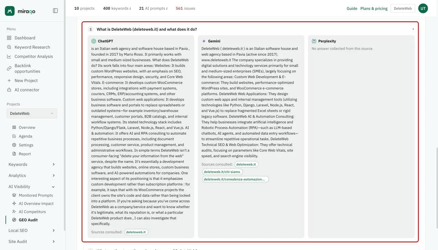 The first question open, What is the brand and what does it do, highlighted: three columns with the answers of ChatGPT and Gemini and, for Perplexity, No answer collected from this source; under each answer the Sources consulted, with the brand’s own site pages bordered in green