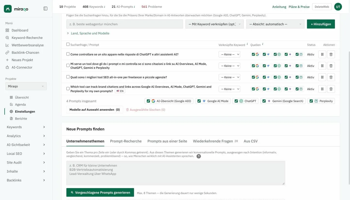 Der Tab AI-Prompts: die Karte Zu überwachende Prompts mit dem Formular zum Hinzufügen, der Tabelle der Prompts und der Modell-Leiste unten; darunter die Karte Neue Prompts finden mit den Tabs Unternehmensthemen, Prompt-Recherche, Prompts aus einer Seite, Wiederkehrende Fragen und Aus CSV