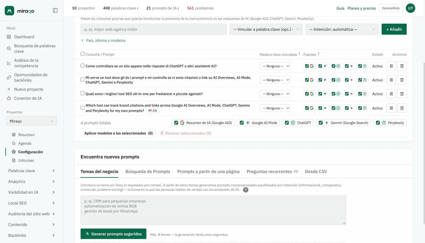 La pestaña Prompts de IA: la tarjeta Prompts a monitorizar con el formulario de alta, la tabla de prompts y la barra de los modelos al final; debajo, la tarjeta Encuentra nuevos prompts con las pestañas Temas del negocio, Búsqueda de prompts, Prompts a partir de una página, Preguntas recurrentes y Desde CSV