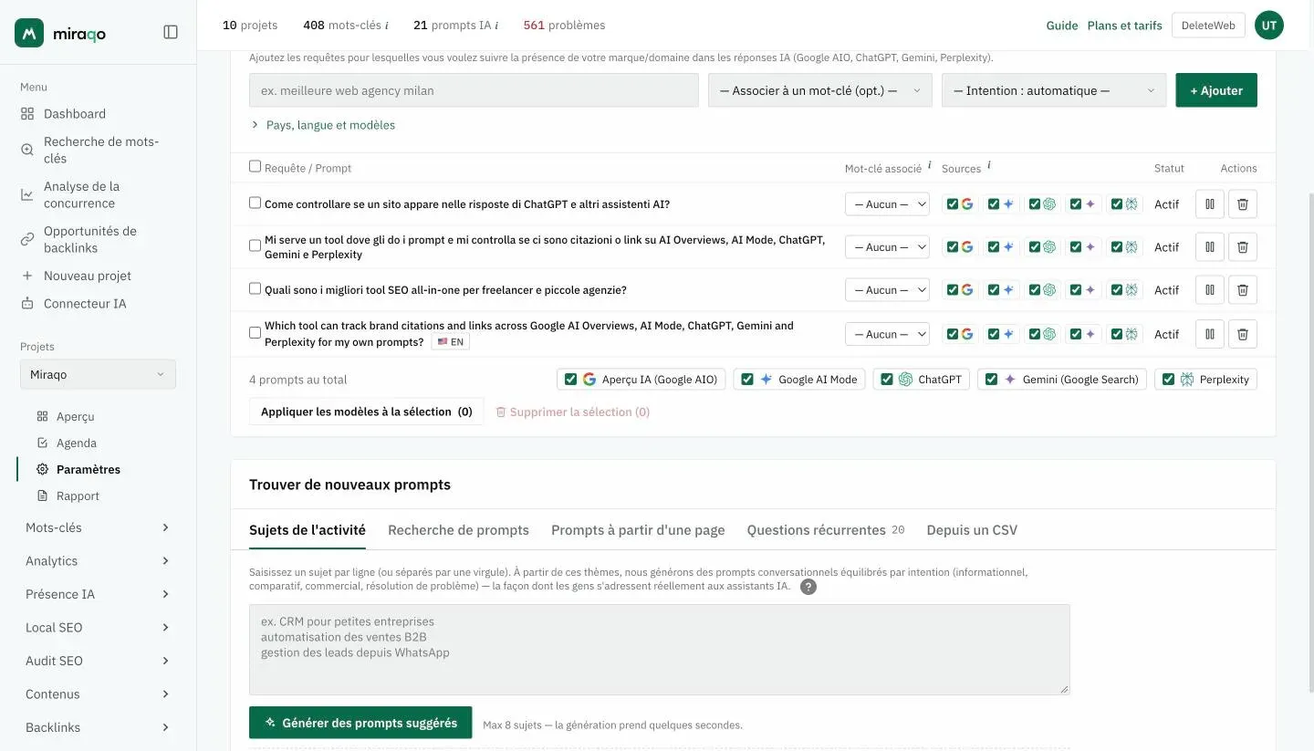 L’onglet Prompts IA : la carte Prompts à surveiller avec le formulaire d’ajout, le tableau des prompts et la barre des modèles en bas ; dessous, la carte Trouver de nouveaux prompts avec les onglets Sujets de l’activité, Recherche de prompts, Prompts à partir d’une page, Questions récurrentes et Depuis un CSV