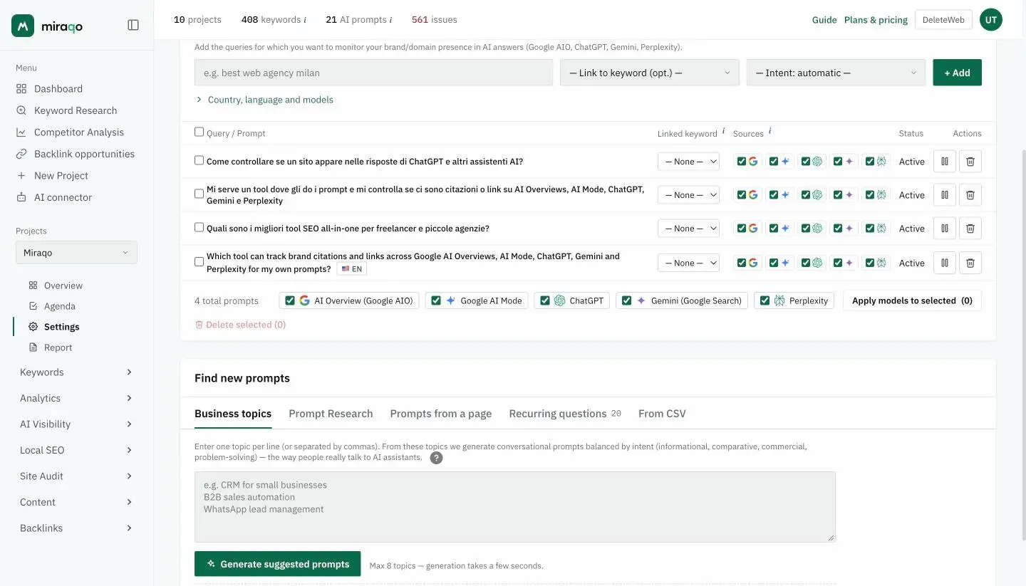 The AI Prompts tab: the Prompts to monitor card with the add form, the prompts table and the models bar at the bottom; below, the Find new prompts card with the Business topics, Prompt Research, Prompts from a page, Recurring questions and From CSV tabs