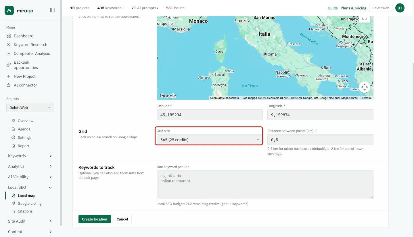 The bottom part of the form: Latitude and Longitude filled in by clicking the map, the highlighted Grid size selector with the credit cost, the Distance between points, the Keywords to track with the remaining credits and the Create location button