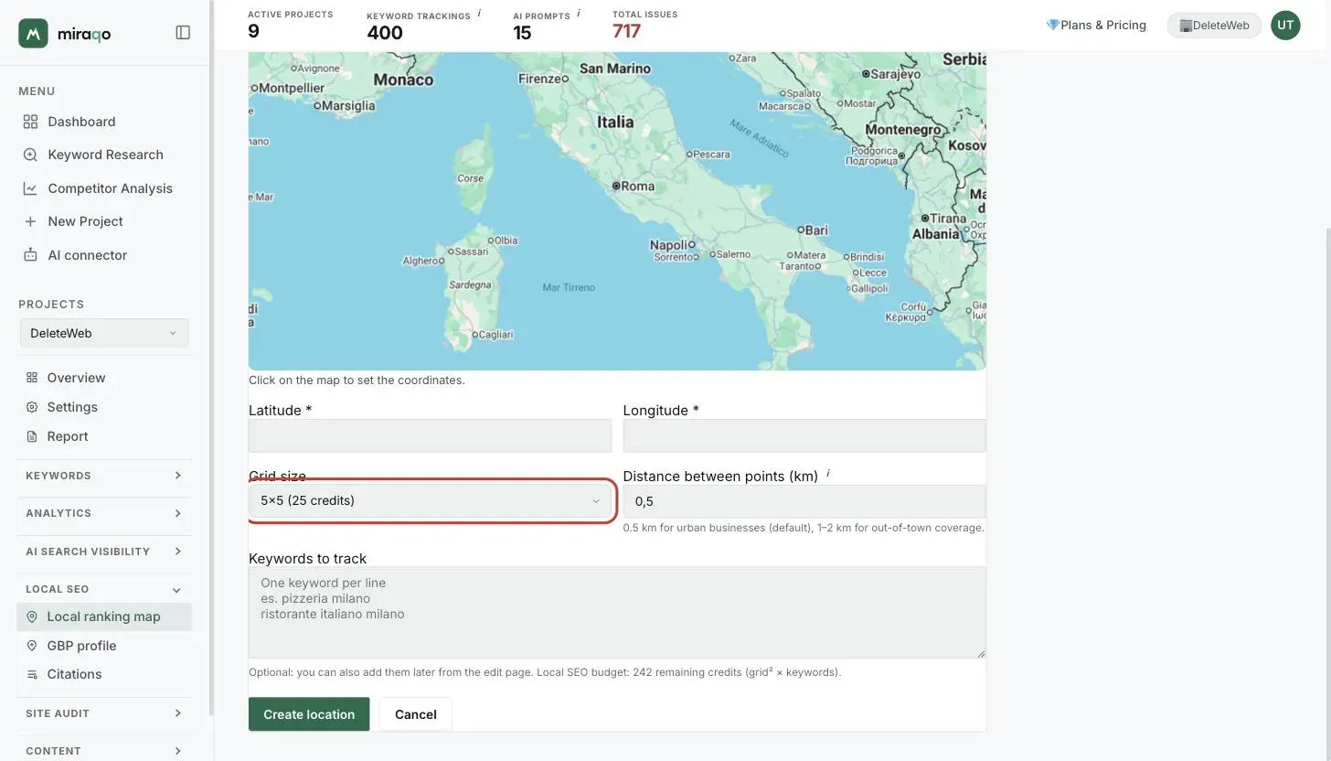 The bottom part of the form: Latitude and Longitude filled in by clicking the map, the highlighted Grid size selector with the credit cost next to each size, the Distance between points, the Keywords to track textarea and the Create location button