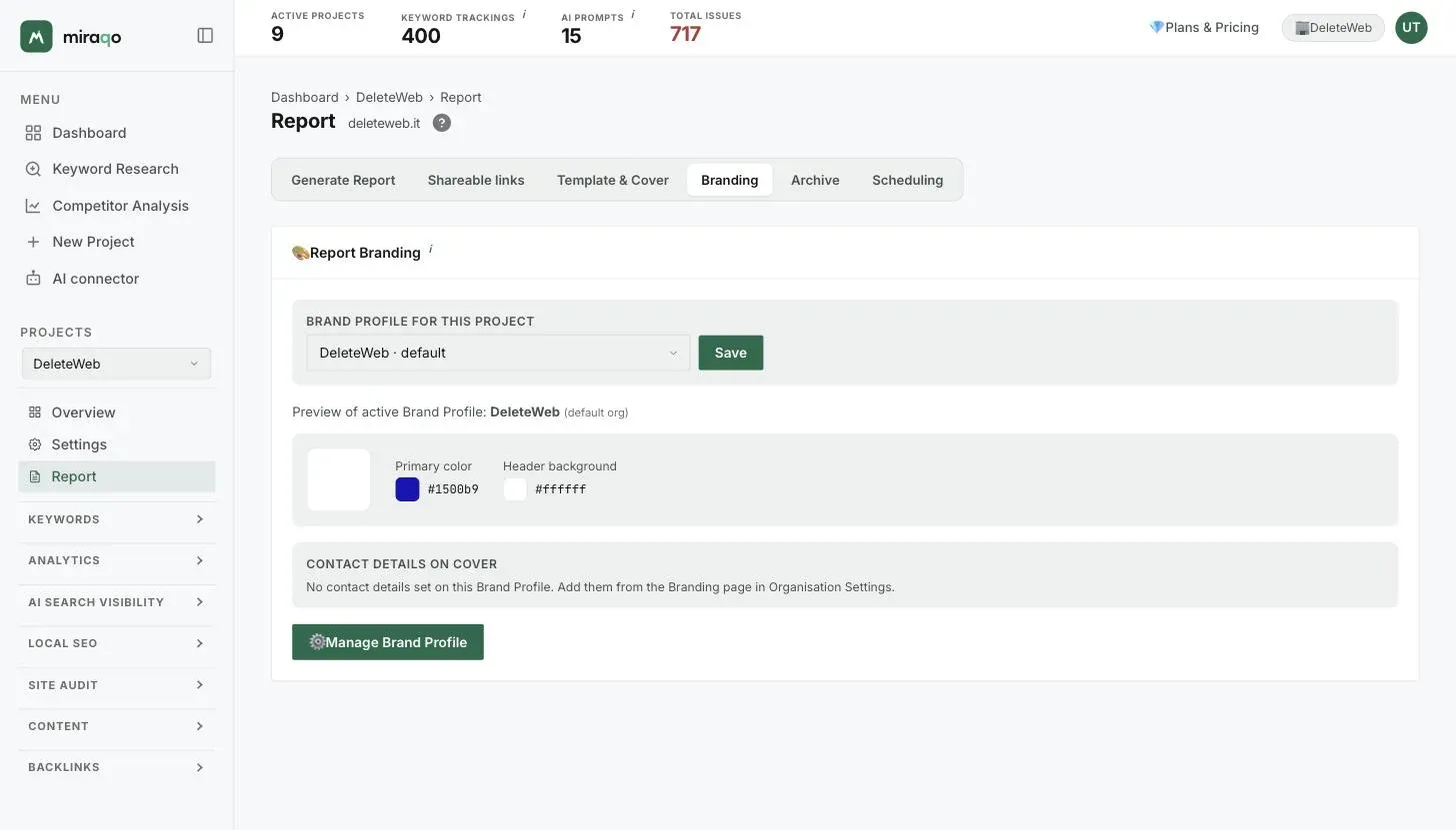 The Branding tab: the Brand Profile for this project menu with Save, the preview of the active profile with logo and colours, the contact details on the cover and the Manage Brand Profile button