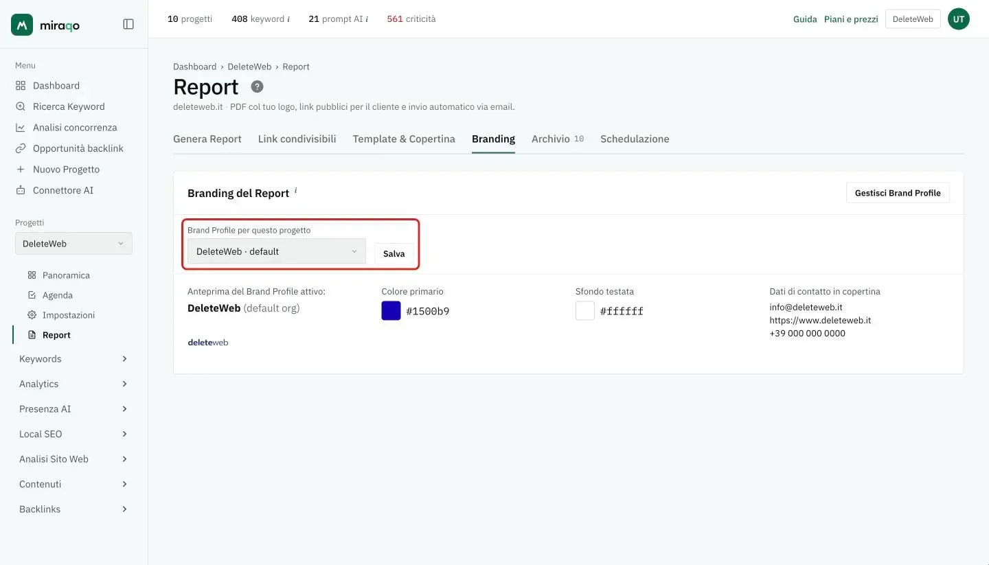 La scheda Branding: evidenziato il menu Brand Profile per questo progetto con Salva, sotto l’anteprima del profilo attivo con logo, colore primario e sfondo testata, i dati di contatto in copertina e in alto a destra Gestisci Brand Profile