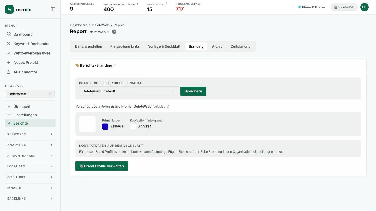 Der Tab Branding: das Menü Brand-Profil für dieses Projekt mit Speichern, die Vorschau des aktiven Profils mit Logo und Farben, die Kontaktdaten auf dem Deckblatt und der Button Brand-Profil verwalten
