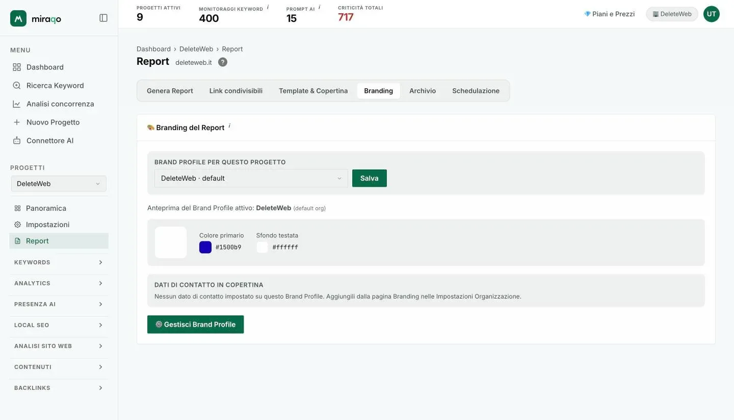 Il tab Branding: il menu Brand Profile per questo progetto con Salva, l’anteprima del profilo attivo con logo e colori, i dati di contatto in copertina e il pulsante Gestisci Brand Profile