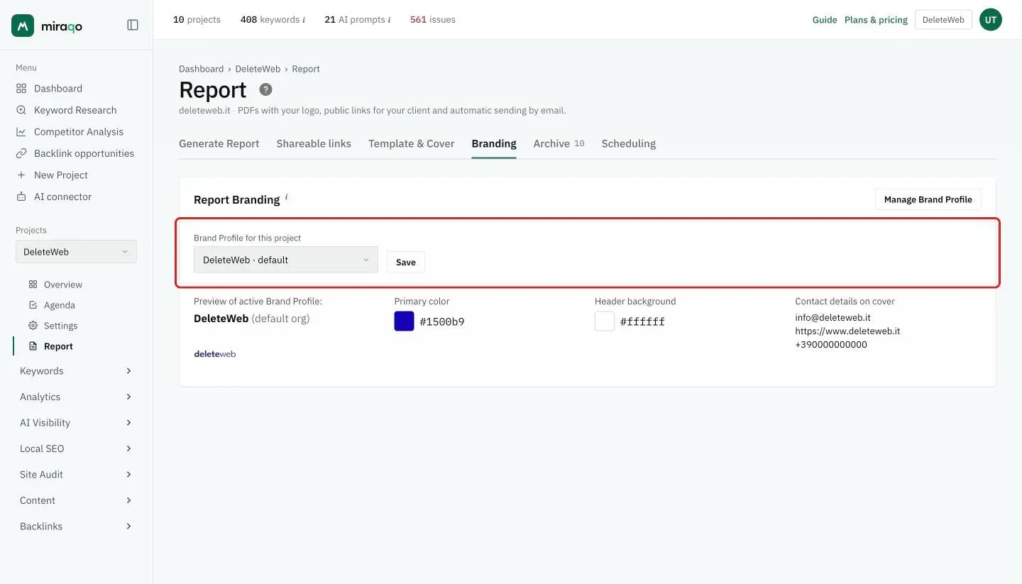 The Branding tab: highlighted, the Brand Profile for this project menu with Save, below it the preview of the active profile with logo, primary color and header background, the contact details on the cover and at the top right Manage Brand Profile