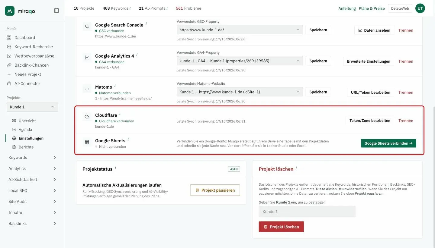 Die hervorgehobenen Zeilen Cloudflare und Google Sheets in der Karte Verbindungen: Cloudflare verbunden mit der Zone, dem Datum der letzten Synchronisierung, Token/Zone bearbeiten und Trennen; Google Sheets nicht verbunden, mit der Erklärung und dem Button Google Sheets verbinden