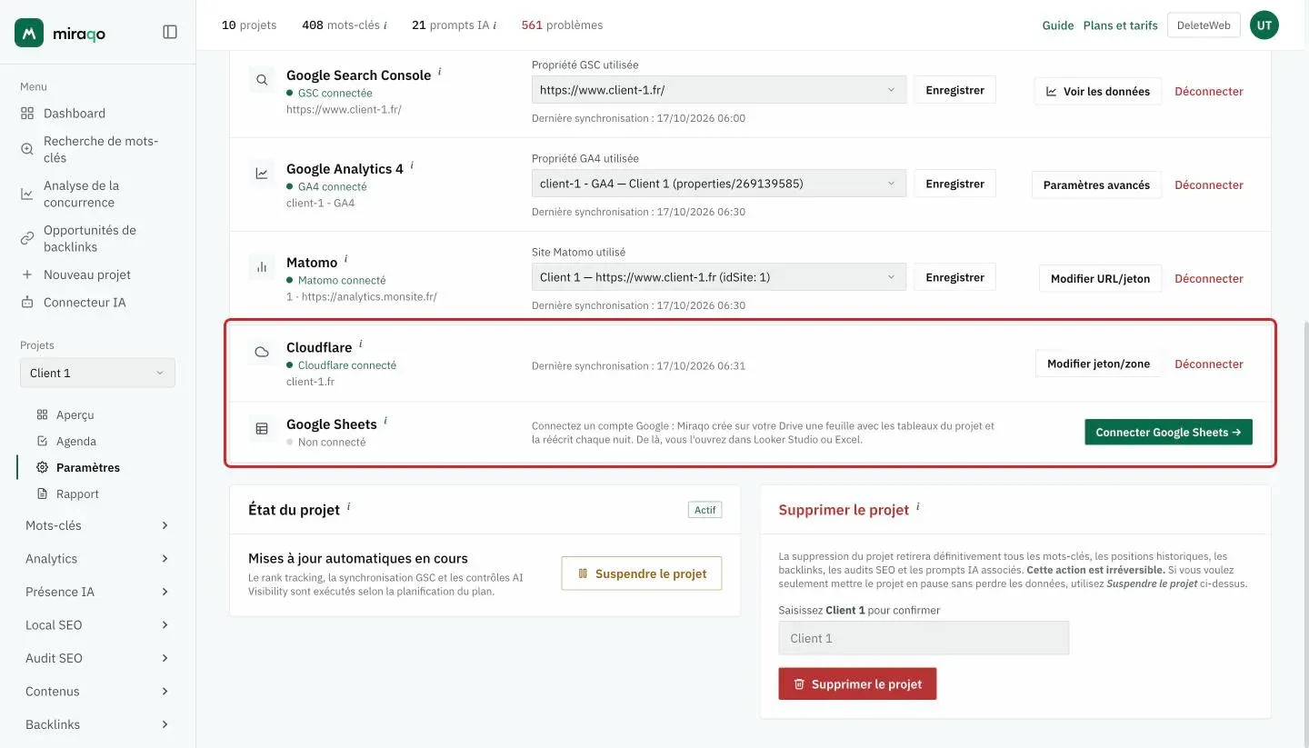 Les lignes Cloudflare et Google Sheets mises en évidence dans la carte Connexions : Cloudflare connecté avec la zone, la date de la dernière synchronisation, Modifier jeton/zone et Déconnecter ; Google Sheets non connecté, avec l’explication et le bouton Connecter Google Sheets