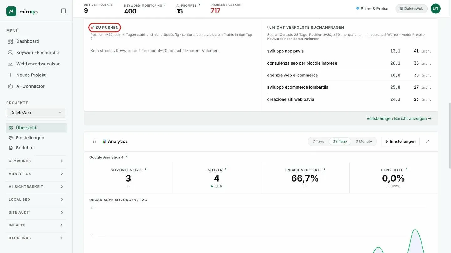 Die Zeile Chancen am Ende des Widgets: links Zu pushen mit den in der Kopfzeile angegebenen Schwellen, rechts Nicht verfolgte Suchanfragen mit dem Link zum Verbinden der Search Console