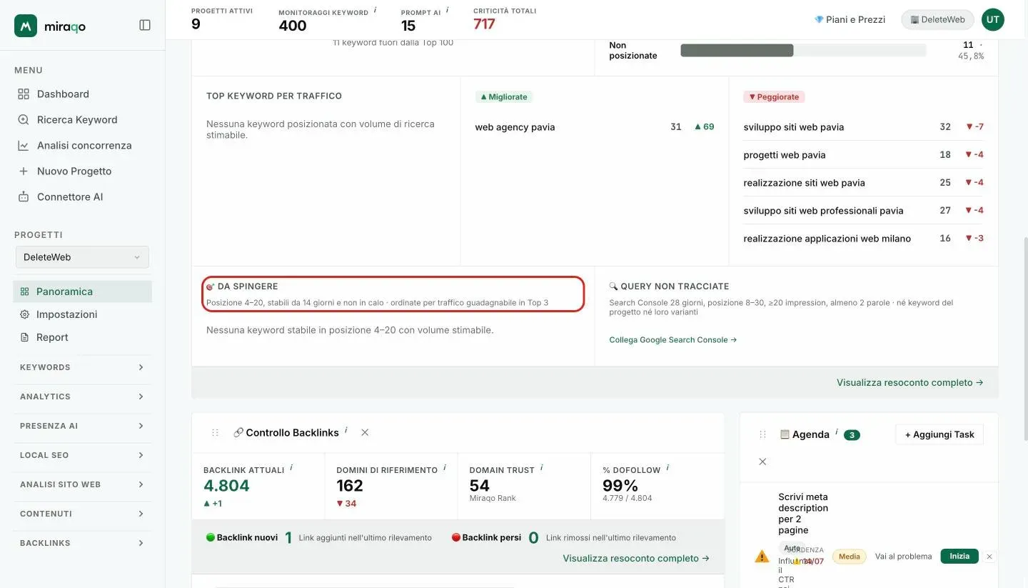 La riga Opportunità in fondo al widget: a sinistra Da spingere, con le soglie scritte nell’intestazione, a destra Query non tracciate con il link per collegare Search Console
