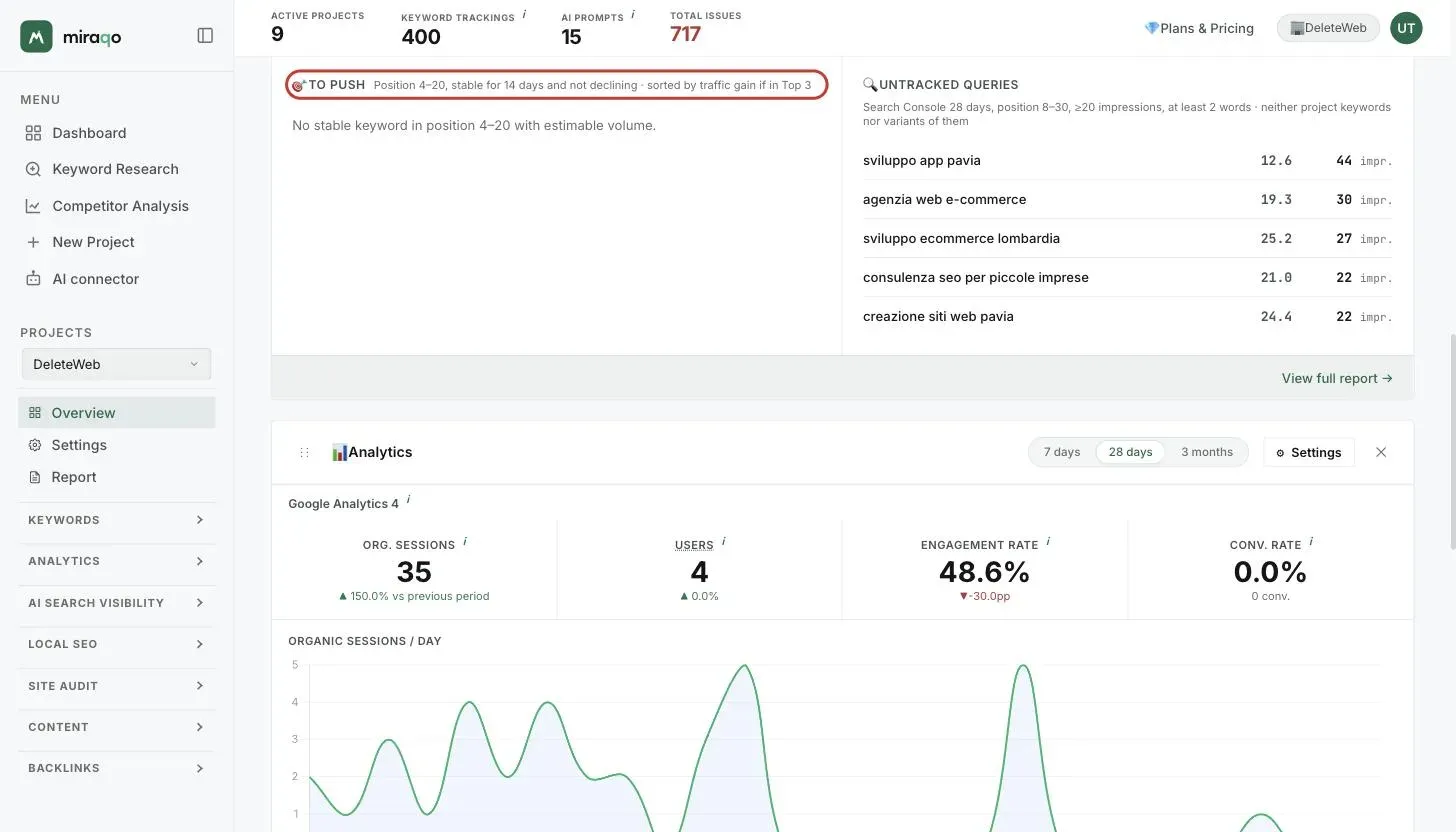 The Opportunities row at the bottom of the widget: on the left To push, with the thresholds written in the header, on the right Untracked queries with the link to connect Search Console