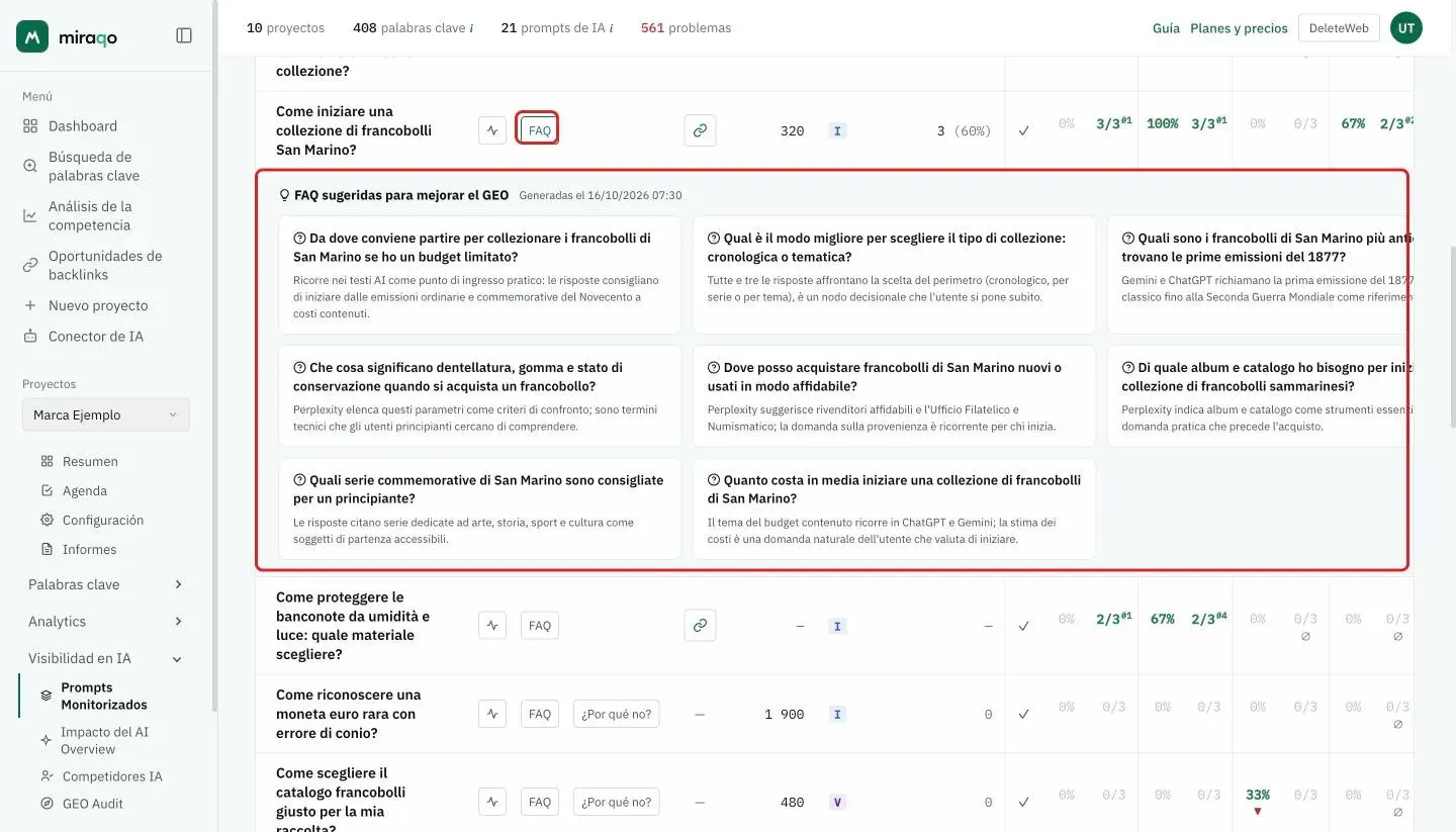 El botón FAQ, resaltado, junto a un prompt y la fila expandida FAQ sugeridas para mejorar el GEO: una tarjeta por pregunta con la nota que explica por qué añadirla al sitio