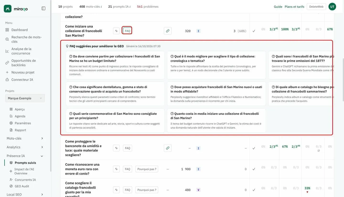 Le bouton FAQ mis en évidence à côté d’un prompt et la ligne dépliée FAQ suggérées pour améliorer le GEO : une carte par question avec la note qui explique pourquoi l’ajouter au site