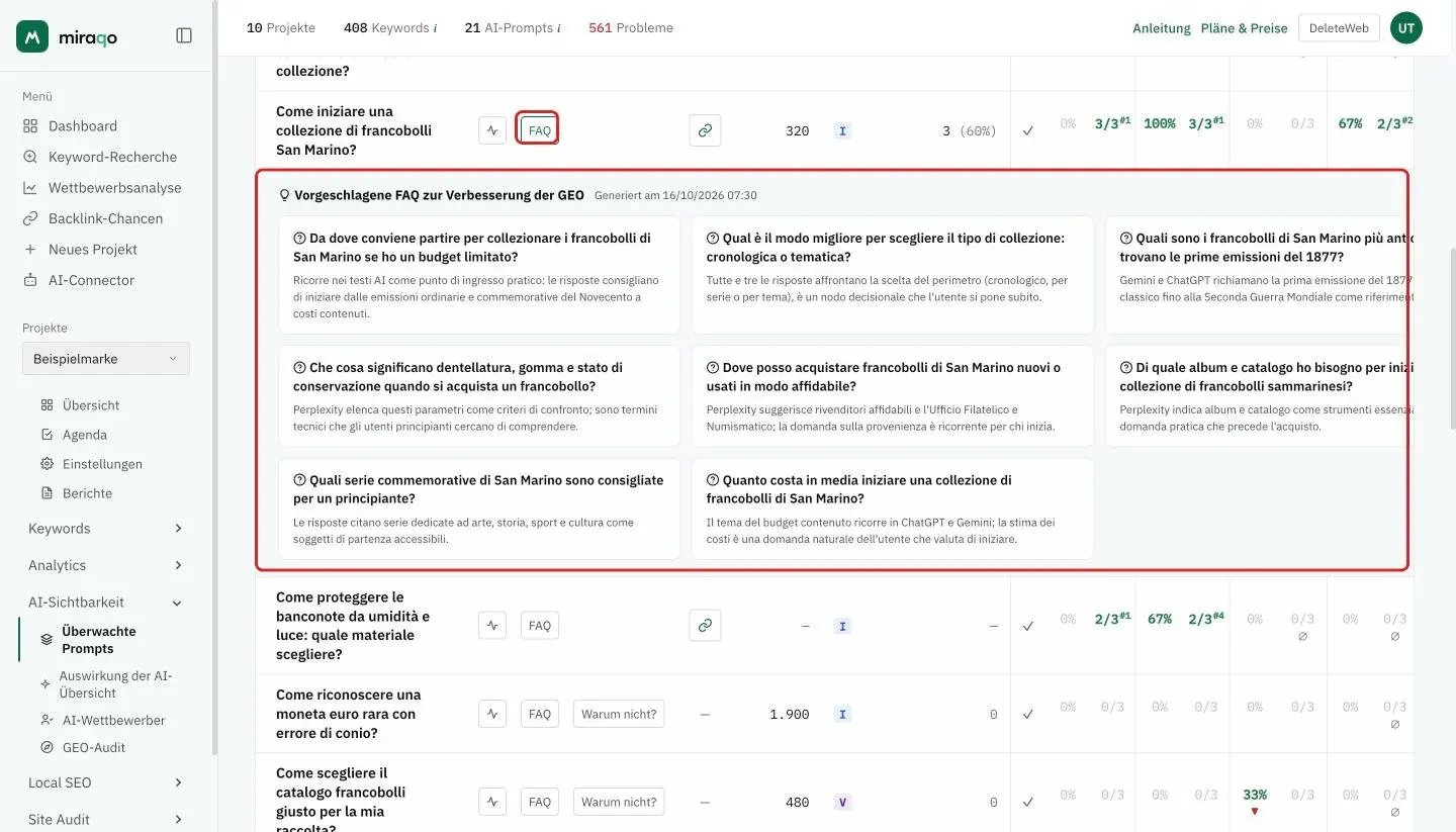 Der hervorgehobene Button FAQ neben einem Prompt und die ausgeklappte Zeile Vorgeschlagene FAQ zur Verbesserung der GEO: eine Karte pro Frage mit dem Hinweis, der erklärt, warum sie der Website hinzugefügt werden sollte