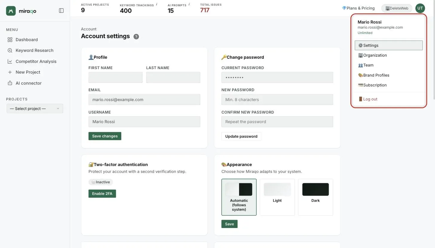 The user menu opened from the initials in the top right: username, email and plan, then the Settings, Organisation, Team, Brand Profiles, Subscription and Log out items