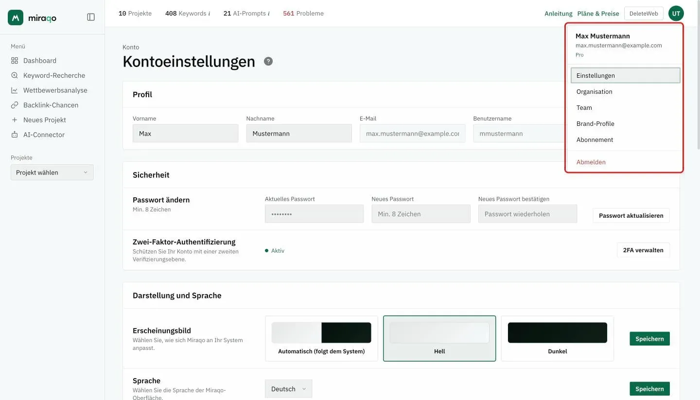 Das über die Initialen oben rechts geöffnete Nutzermenü, hervorgehoben: Name, E-Mail und Plan, dann die Einträge Einstellungen, Organisation, Team, Brand-Profile, Abonnement und Abmelden