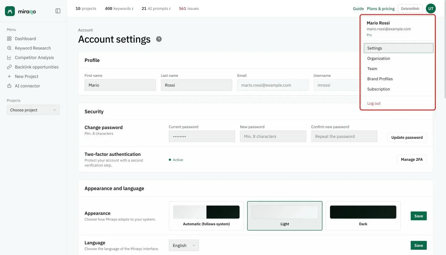 The user menu opened from the initials in the top right, highlighted: name, email and plan, then the Settings, Organisation, Team, Brand Profiles, Subscription and Log out items