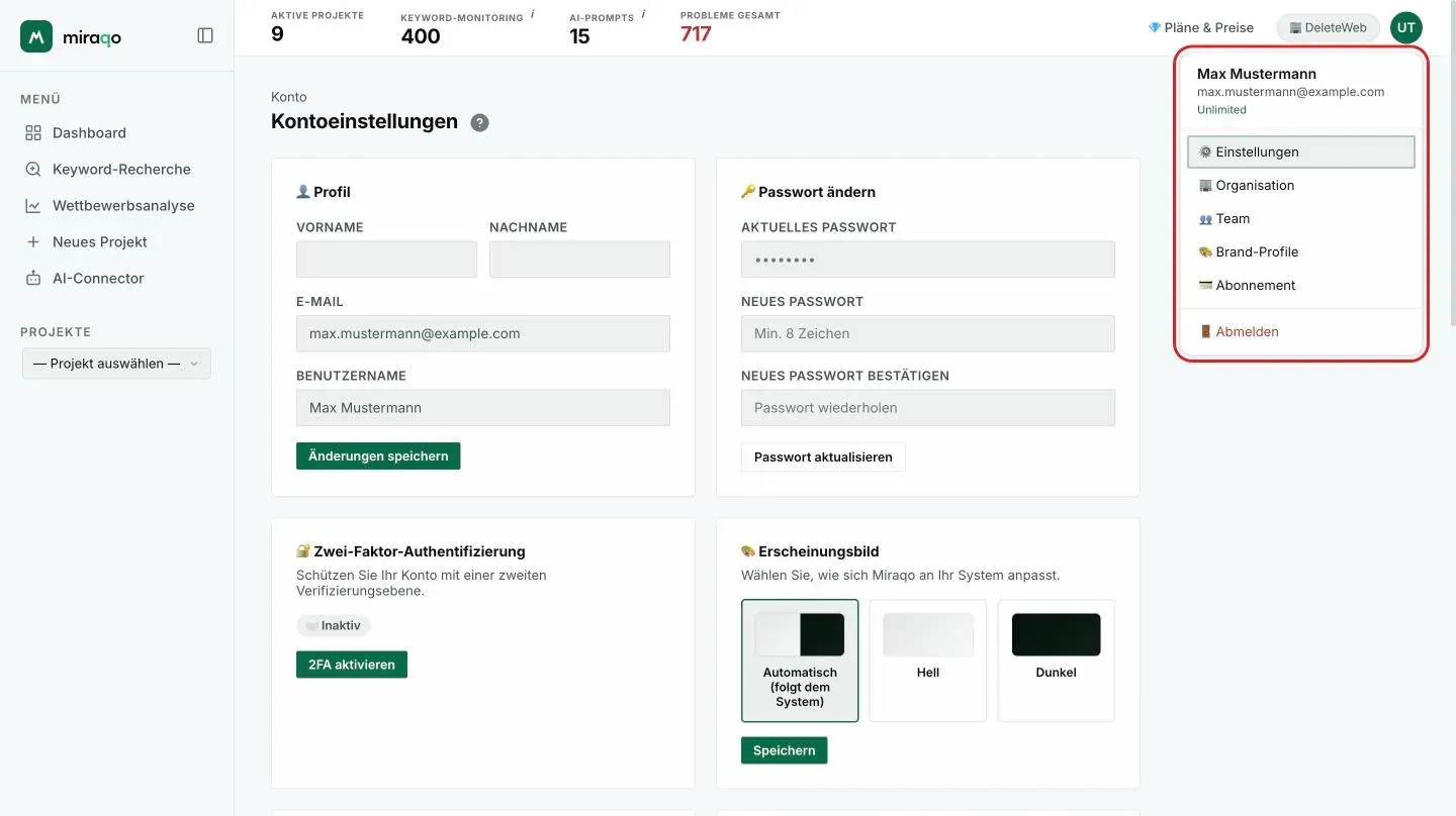 Das über die Initialen oben rechts geöffnete Nutzermenü: Benutzername, E-Mail und Plan, dann die Einträge Einstellungen, Organisation, Team, Brand-Profile, Abonnement und Abmelden