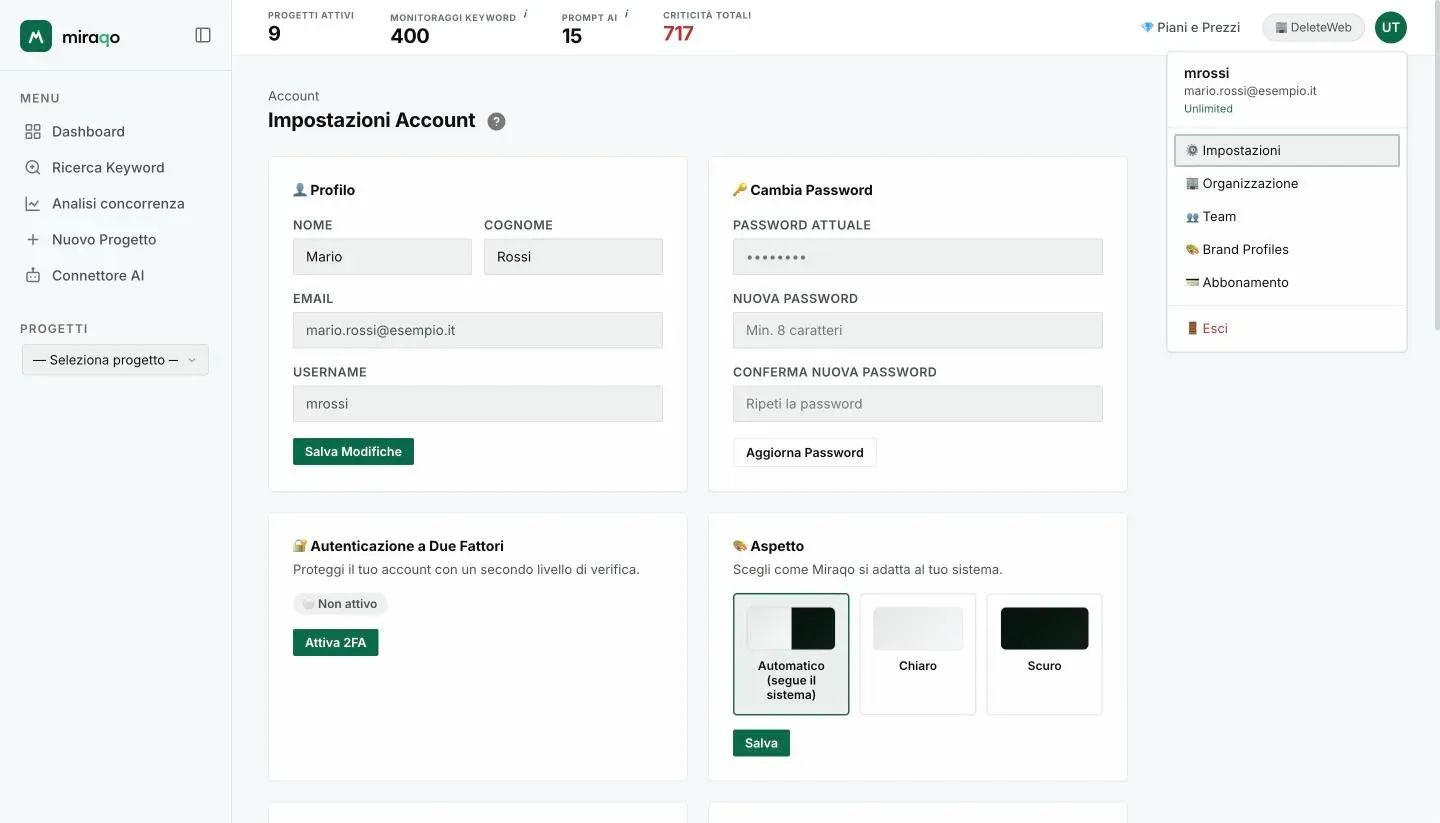 Il menu utente aperto dalle iniziali in alto a destra: username, email e piano, poi le voci Impostazioni, Organizzazione, Team, Brand Profiles, Abbonamento ed Esci