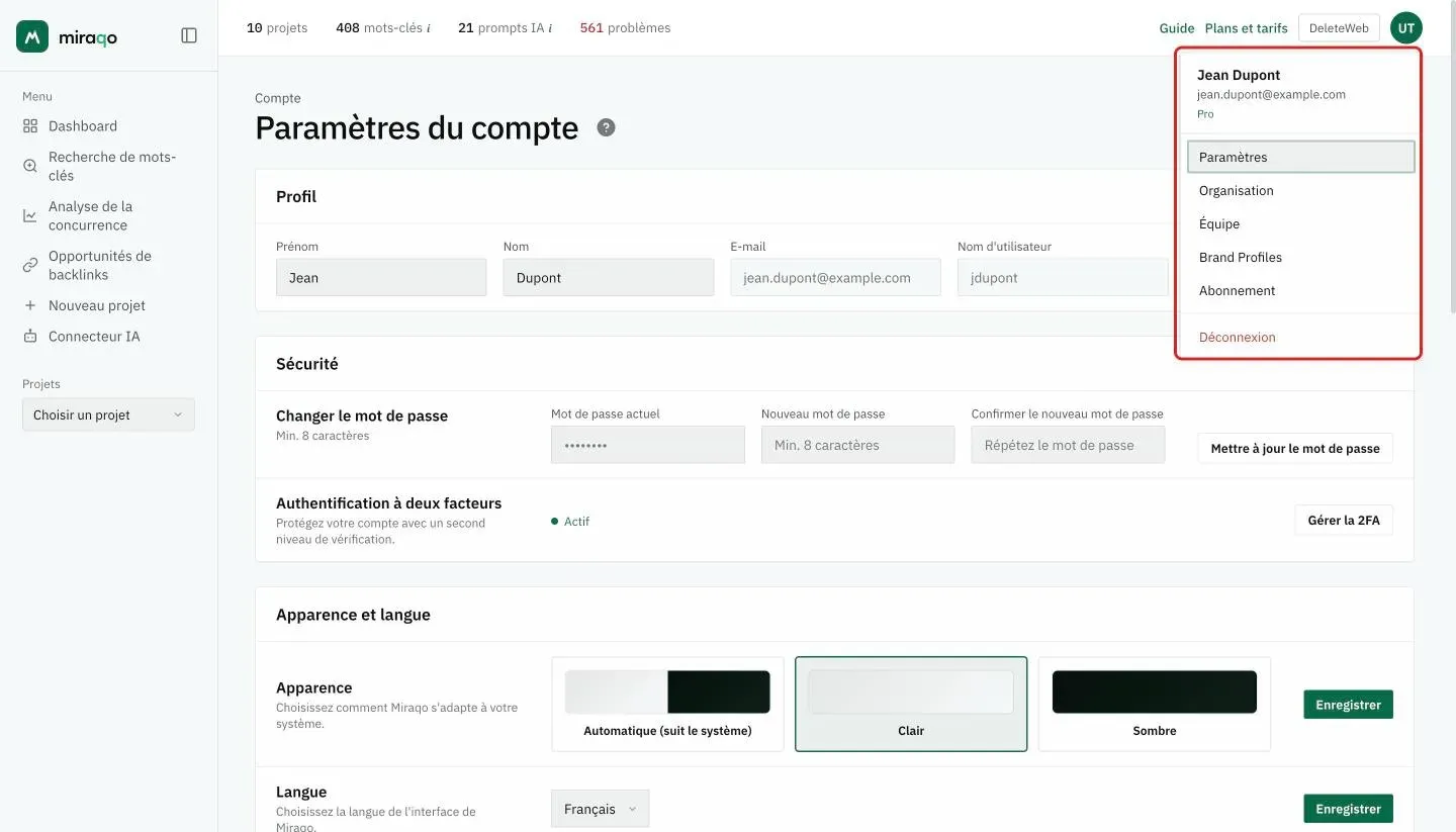 Le menu utilisateur ouvert depuis les initiales en haut à droite, mis en évidence : nom, e-mail et plan, puis les éléments Paramètres, Organisation, Équipe, Brand Profiles, Abonnement et Déconnexion