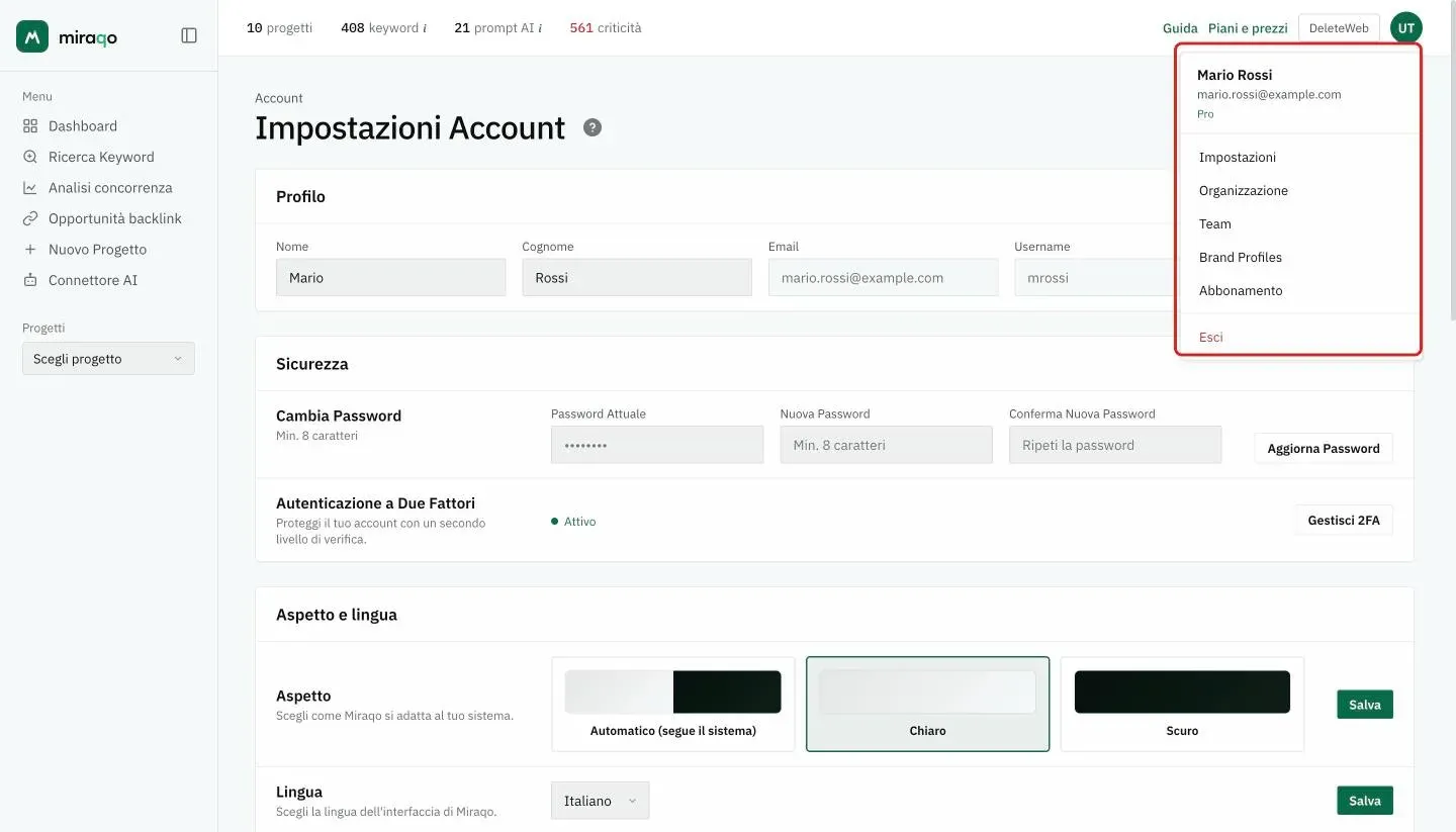 Il menu utente aperto dalle iniziali in alto a destra, evidenziato: nome, email e piano, poi le voci Impostazioni, Organizzazione, Team, Brand Profiles, Abbonamento ed Esci
