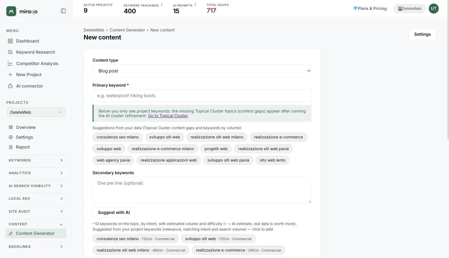 The New content form: Content type, Primary keyword with the suggestions from your data as chips, Secondary keywords and the Suggest with AI button with proposals by intent and volume