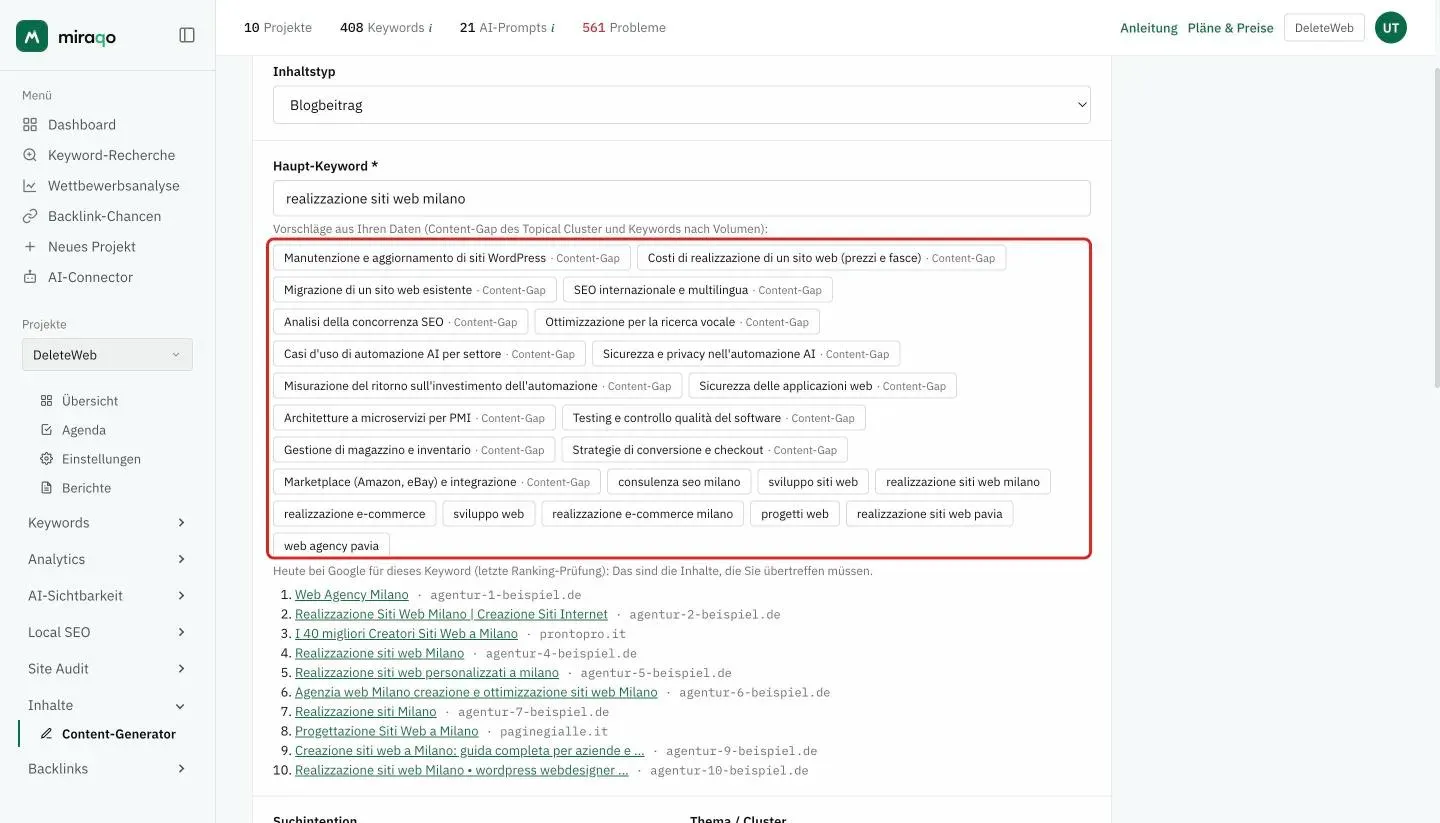 Das Formular Neuer Inhalt, Karte Thema: Inhaltstyp Blogbeitrag, das Haupt-Keyword «realizzazione siti web milano» und darunter hervorgehoben die Vorschläge aus deinen Daten als Chips, die Content-Gaps des Topical Cluster und die Keywords des Projekts