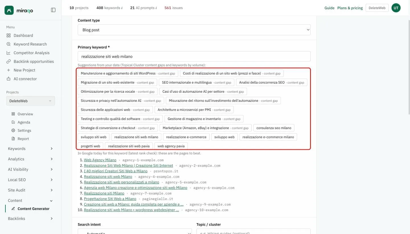 The New content form, Topic card: Content type Blog post, the Primary keyword «realizzazione siti web milano» and below, highlighted, the suggestions from your data as chips, the Topical Cluster content gaps and the project keywords