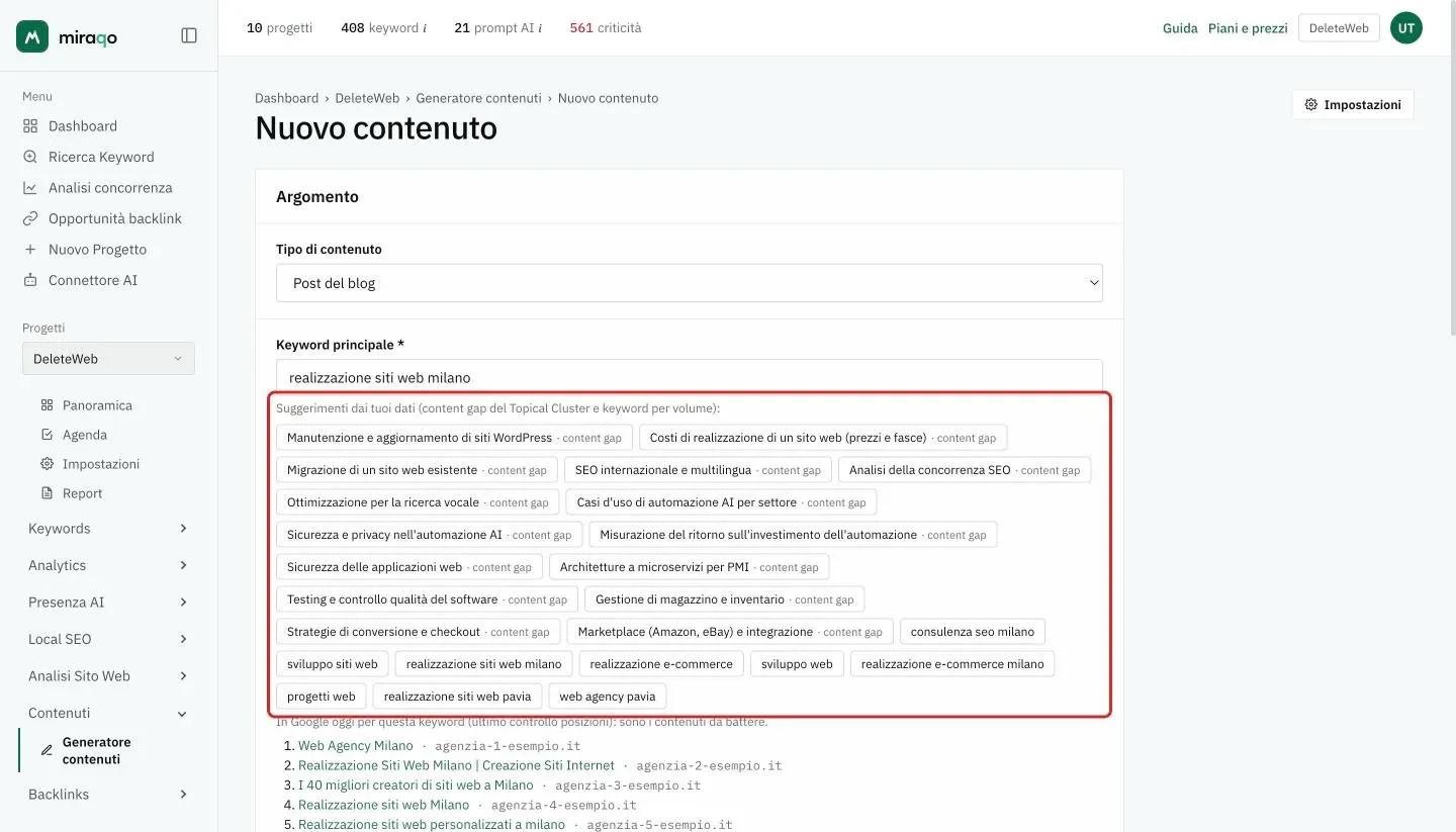 Il form Nuovo contenuto, card Argomento: Tipo di contenuto Post del blog, la Keyword principale «realizzazione siti web milano» e sotto, evidenziati, i suggerimenti dai tuoi dati come chip, i content gap del Topical Cluster e le keyword del progetto