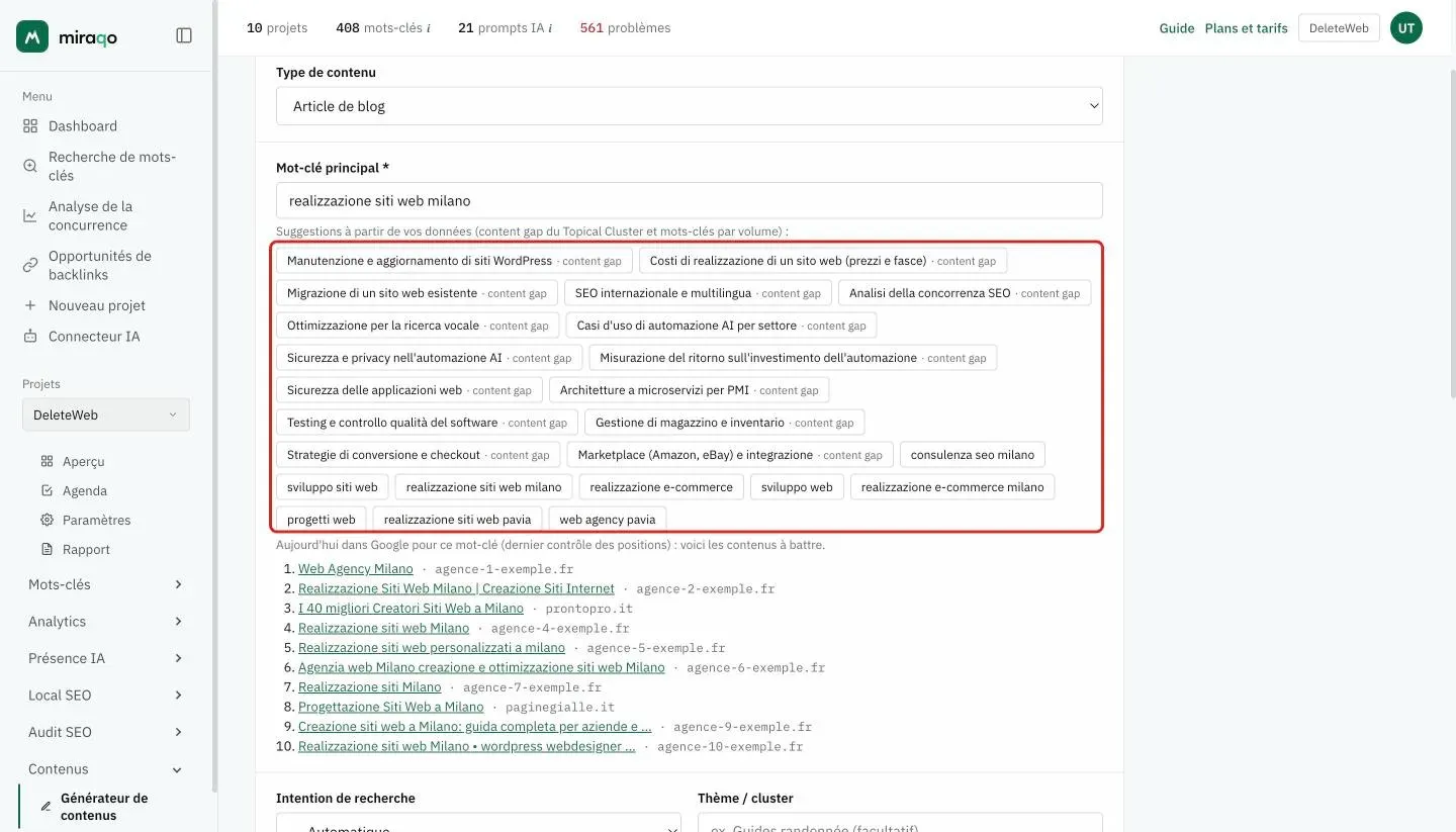 Le formulaire Nouveau contenu, carte Sujet : Type de contenu Article de blog, le Mot-clé principal «realizzazione siti web milano» et dessous, mises en évidence, les suggestions issues de vos données sous forme de puces, les lacunes de contenu du Topical Cluster et les mots-clés du projet