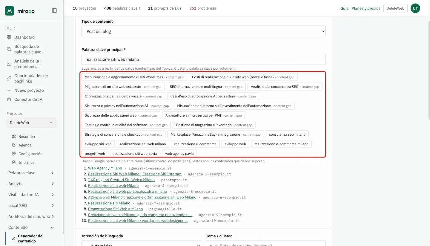 El formulario Nuevo contenido, tarjeta Tema: Tipo de contenido entrada de blog, la Palabra clave principal «realizzazione siti web milano» y debajo, resaltadas, las sugerencias de tus datos como chips, los content gap del Topical Cluster y las palabras clave del proyecto