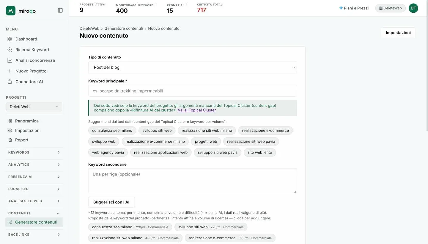 Il form Nuovo contenuto: Tipo di contenuto, Keyword principale con i suggerimenti dai tuoi dati come chip, Keyword secondarie e il pulsante Suggerisci con l’AI con le proposte per intento e volume