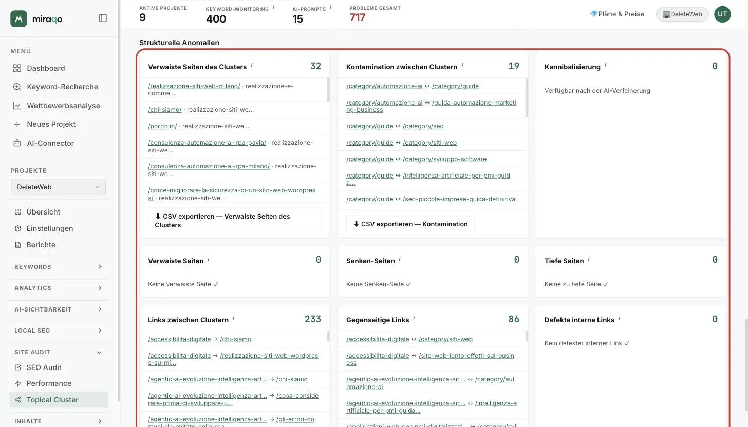 Der Abschnitt Strukturelle Anomalien: eine Karte pro Problem mit der Anzahl oben rechts, den Listen von Seiten oder Paaren und den Buttons CSV exportieren für Cluster-Waisen und Kontamination; Karten ohne Anomalien zeigen ein Häkchen