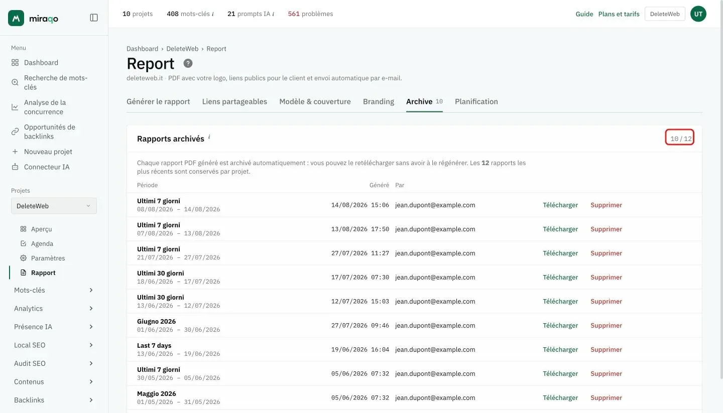L’onglet Archive : le tableau Rapports archivés avec période et dates, date de génération, qui l’a généré et les boutons Télécharger et Supprimer pour chaque PDF, avec le compteur 10 / 12 mis en évidence