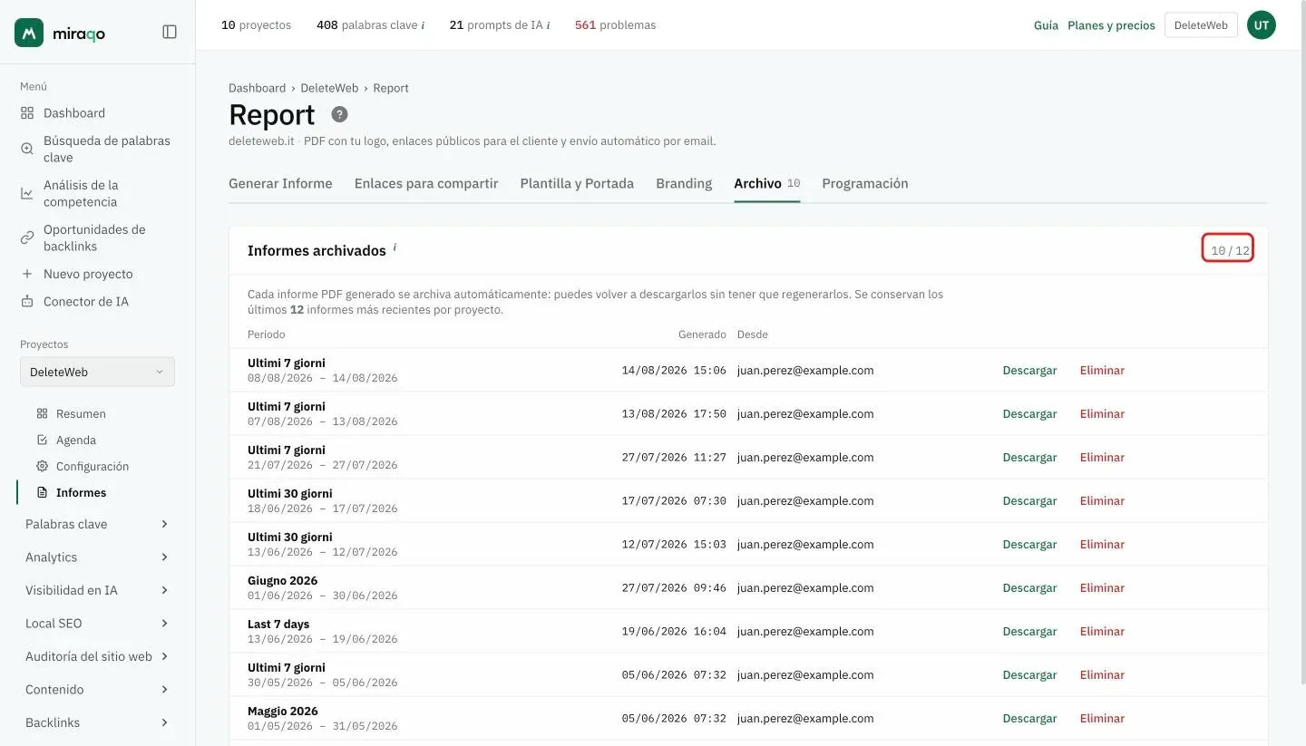 La pestaña Archivo: la tabla Informes archivados con periodo y fechas, fecha de generación, quién lo generó y los botones Descargar y Eliminar para cada PDF, con el contador 10 / 12 resaltado
