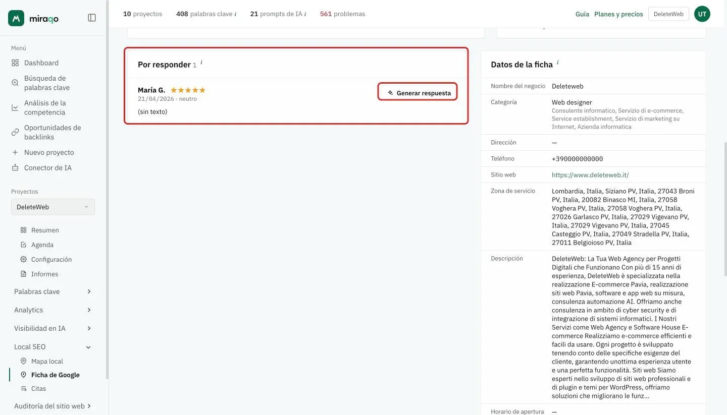 La tarjeta Por responder resaltada con una reseña sin respuesta: autor, estrellas, fecha y sentimiento, y el botón Generar respuesta resaltado