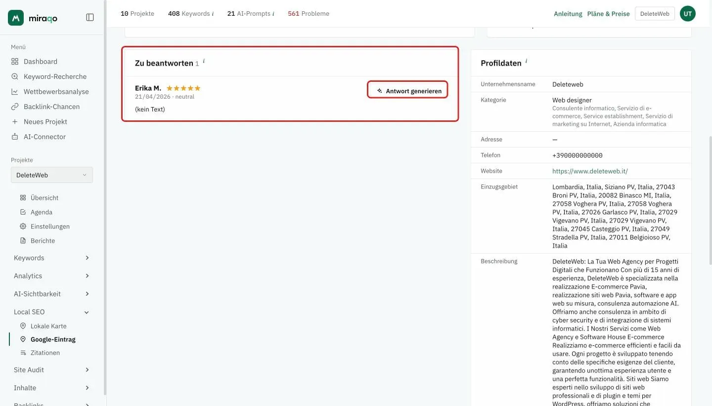 Die hervorgehobene Karte Zu beantworten mit einer unbeantworteten Rezension: Autor, Sterne, Datum und Sentiment, und der hervorgehobene Button Antwort generieren