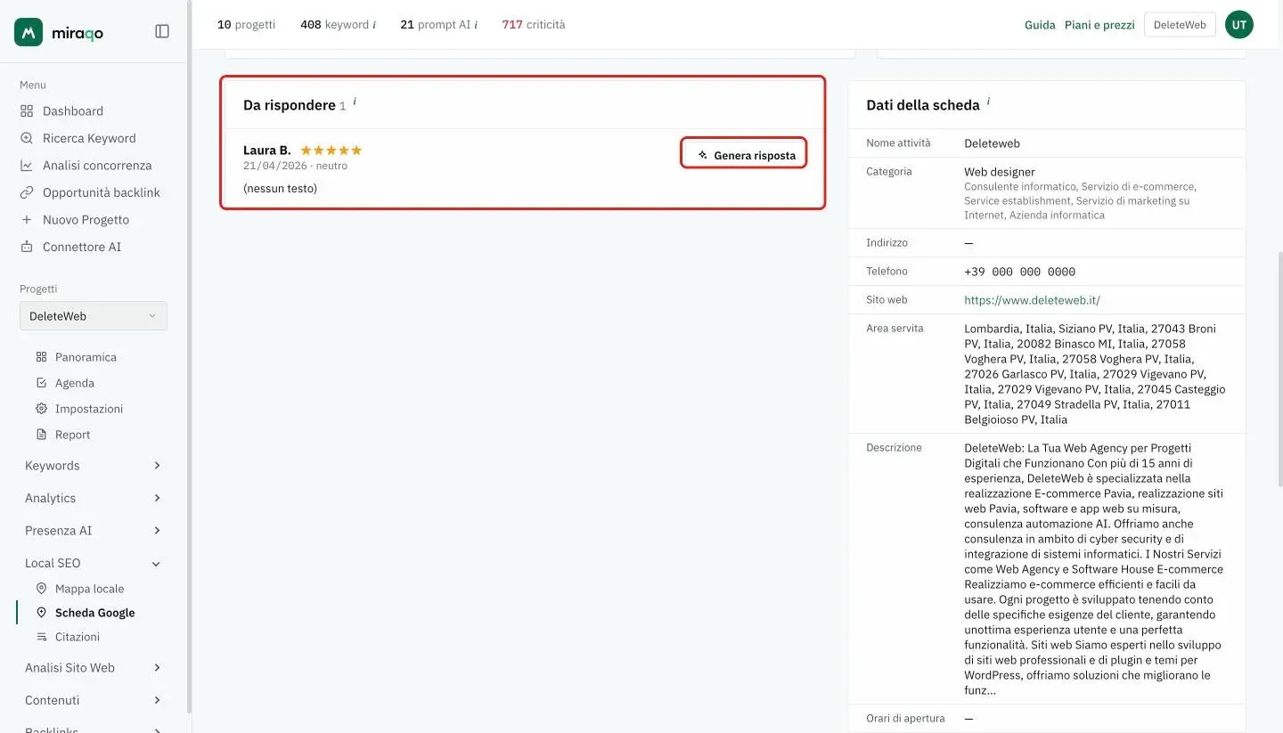 La card Da rispondere evidenziata con una recensione senza risposta: autore, stelle, data e sentiment, e il pulsante Genera risposta evidenziato