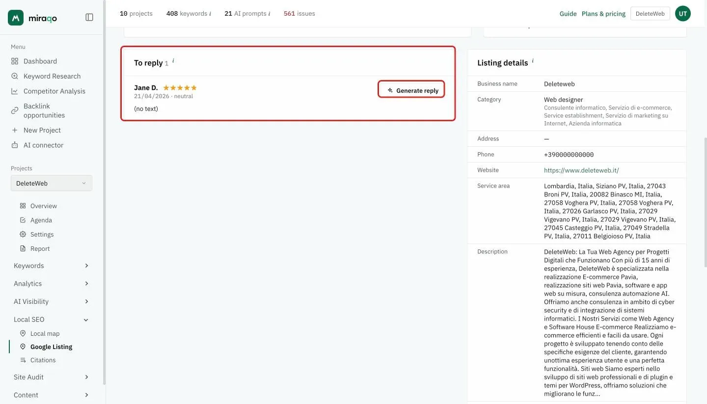 The highlighted To reply card with an unreplied review: author, stars, date and sentiment, and the highlighted Generate reply button